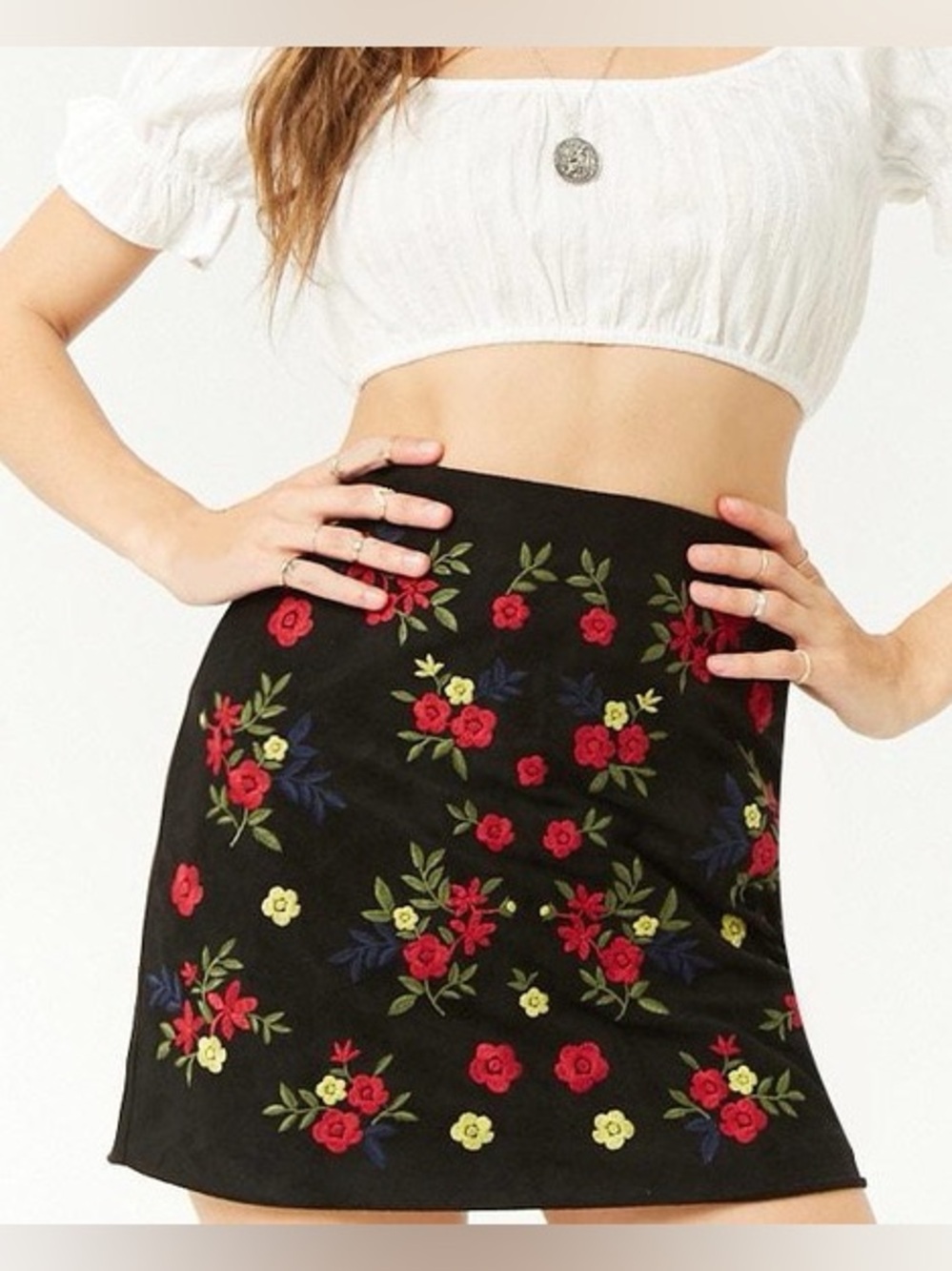 Forever 21 Black Mini Skirt with Red, Yellow & Blue Floral Embroidery